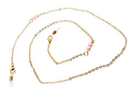 Złoty łańcuszek do okularów różowe perełki LK 005