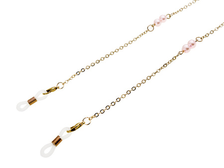 Złoty łańcuszek do okularów różowe perełki LK 005